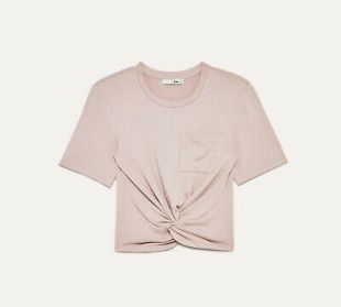 SUBAH T-Shirt Front-knot Crop Jersey Top in Light Beige
