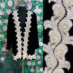 80s Jessica McClintock Black Velvet Jacket Ivory Applique Pearls