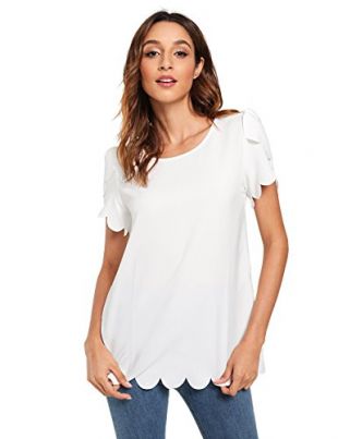 Solid Scallop Hem Round Neck Short Sleeve Blouse Tops White