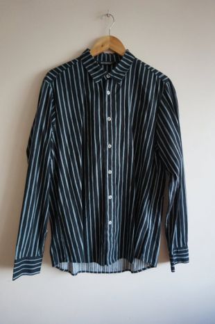 vintage MARIMEKKO Chemise à manches longues 100% coton noir et gris/bleu avec boutons en métal, taille L