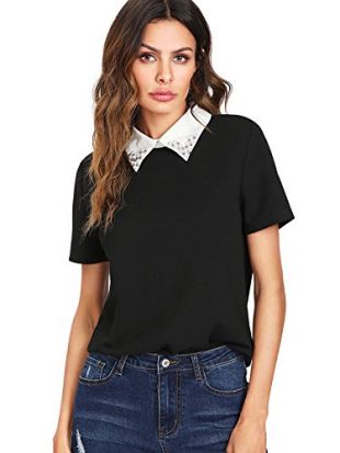 Romwe Women's Cute Contrast Collar Short Sleeve Casual Work Blouse Tops Black Large