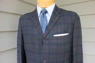 Vintage 1960-flanelle sac sport coat Roger Jeffrey - hommes. Tartan Noir, gris & bleu. Taille 39-40 Regular