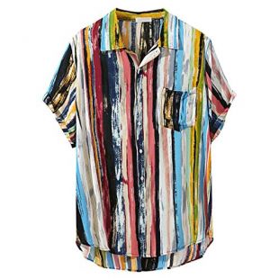 Shirts for Mens Hawaii Multi Color Lump Chest Pocket Short Sleeve Round Hem Loose Shirts Blouse