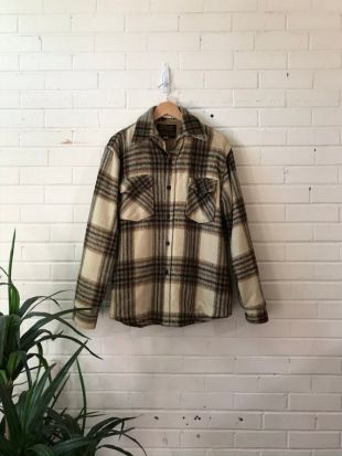 1970s Sears Beige Flannel Fleece-Lined Coat / Oakbrook Sportswear Blanket Lined Plaid Wool Jacket / Taille 44