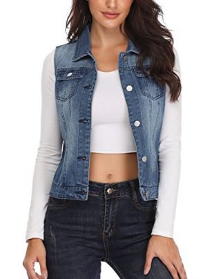 Denim Vest for Women Sleeveless Button up Washed Cropped Jean Jacket Dark Blue X-Small