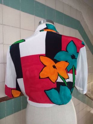 80s Chemisier chemise surdimensionné Superbe motif floral multicolore géométrique