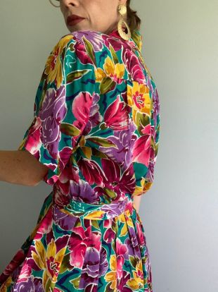 vintage CHRISTIAN DIOR Multicolore Floral Short Sleeve Chemisier et Jupe Taille 10