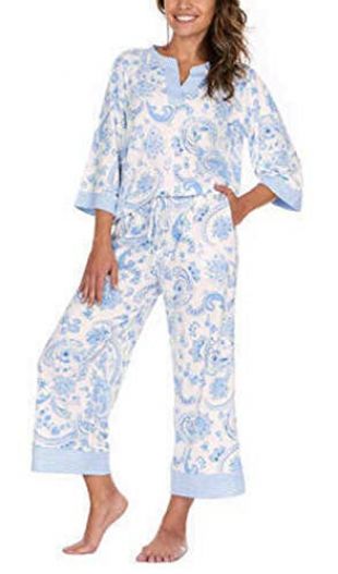 Crop Pant Pajama Set, Blue/White Paisley, Large