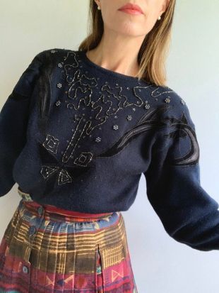 vintage 80's Dark Blue Beaded Suede Embellished Long Sleeve Sweater Size Small