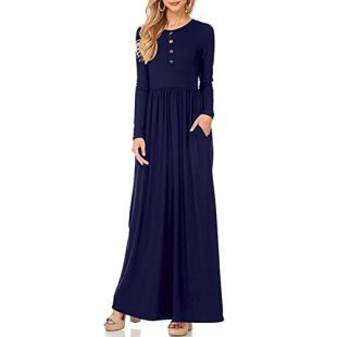 Clopon Women's Long Dress with Pockets Button up Maxi Dresses Casual Solid Color Dress Navy