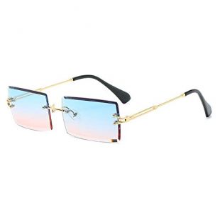Rimless Rectangle Sunglasses for Women Fashion Frameless Square Glasses for Men Ultralight UV400 Eyewear Unisex Blue