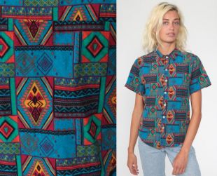 Chemise aztèque Tribal Shirt 90s Southwestern Shirt Geometric Print Short Sleeve Button Up 1990s vintage Grunge Southwest Small s