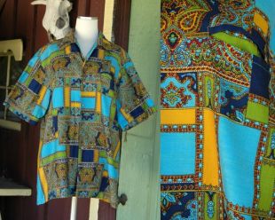 1960s 1970s Blue Green Mustard Brown Geometric Print Short Sleeve Button Up // 60s 70s Don Loper Mid Century Collared Shirt