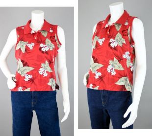 Grand 80 s chemise à fleurs Vintage, rouge et vert Tropical hawaïen Crop sans manches imprimé dessus, les femmes des