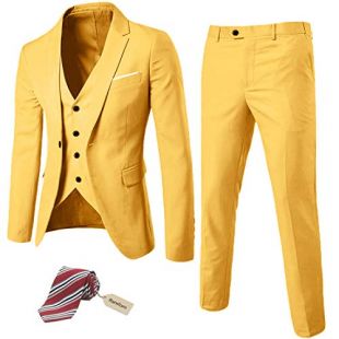 MY'S Men?s 3 Piece Slim Fit Suit Set, One Button Blazer Jacket Vest Pants with Tie, Solid Party Wedding Dress, Tux Waistcoat and Trousers, Yellow, XL, 5'9-6'3, 190-200lbs