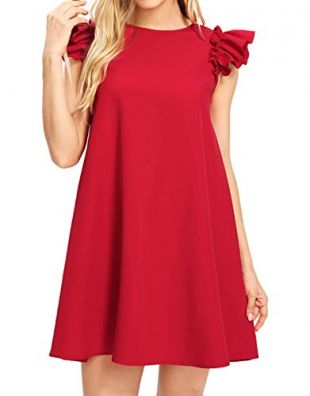 Romwe Women's Ruffle Trim Sleeve Summer Beach A Line Loose Swing Dress Red XL