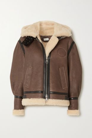 Brown Hooded leather-trimmed shearling jacket