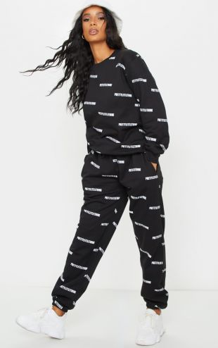 PRETTYLITTLETHING Black Printed High Waisted Joggers