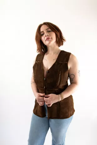 1970s Vintage Brown Suede Vest with "I'll Never Stop Loving You" Buttons