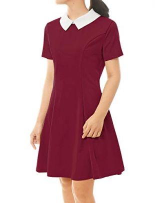 Women's Contrast Doll Collar Short Sleeves Above Knee Flare Dress M Wine Red