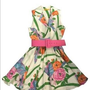 Alice + Olivia Garden Party Belted Dress Floral Pink White Size 0 NWOT