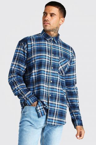 Long Sleeve Oversized Check Shirt | boohooMAN UK