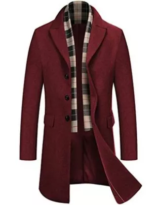 Men's Winter Trench Coat Lapel Collar Single Breasted Wool Mix Overcoats with Removable Scarf (Wine Red XL)