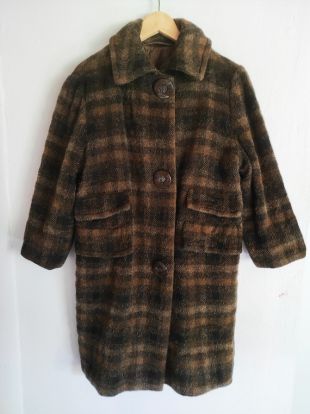 vintage années 50-60 Mod laine brune -taffetas énorme manteau à carreaux boutonnés