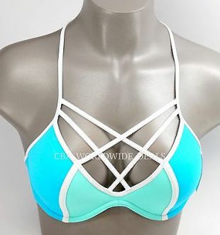 Blue and White Cage Front Strappy Bikini Top