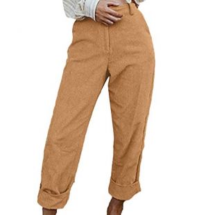 iYYVV Women Corduroy Fashion Solid Full Length Button Fly Pants Pocket Slim Fit Trouser Yellow