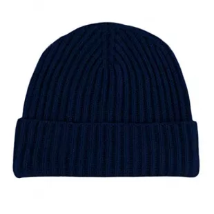 Love Cashmere Women's Ribbed 100% Cashmere Beanie Hat - Navy Blue - Made in Scotland RRP $180
