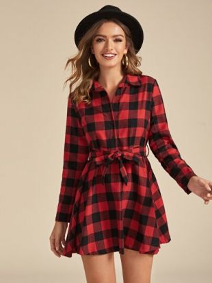 Shein - Robe chemise à carreaux avec nœud