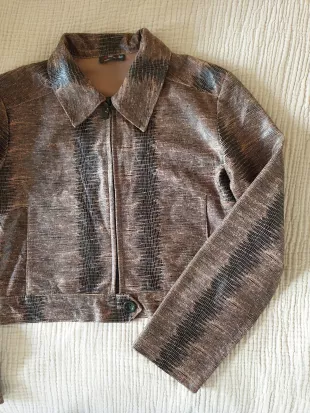 vintage women's faux alligator skin print zip up bomber jacket from the 1990s