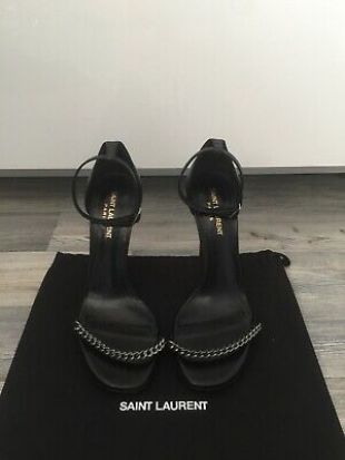 $895 Saint Laurent Jane 105 Noir Bride Cheville Sandales Chaussures Talons ChaÃ®ne 40 RARE!  | eBay