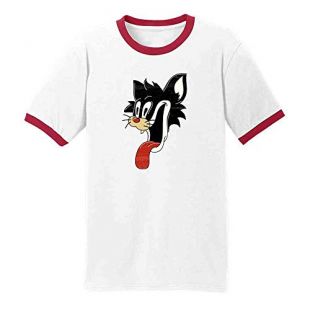 Cartoon Comic Cat Face Funny Retro Costume White/Red S Graphic Tee Ringer T-Shirt