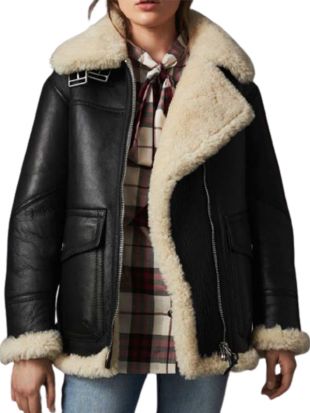 Womens Black Leather Aviator Ivory Shearling Jacket