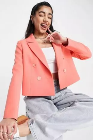 cropped double breasted blazer in coral
