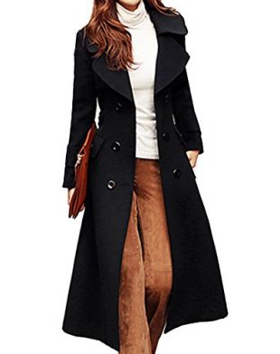 S&S-women Trendy Sexy Lapel Solid Belted Woolen Outwear Long Dress Trench Coat