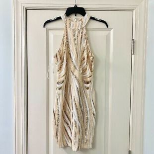 Lulu's Sequin Halter Bodycon Tan Dress Sz Small  | eBay