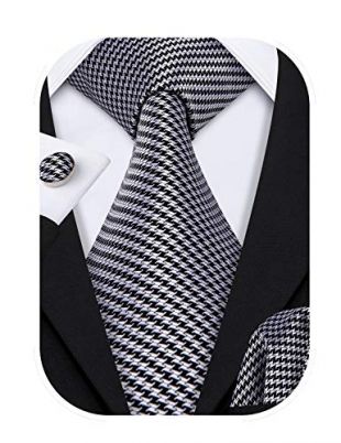 Mens Ties Novelty Silk Tie Pocket Square Cufflinks Set Woven Designer Grey Black