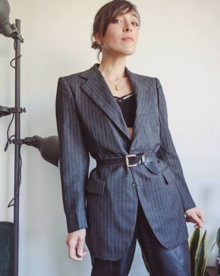 Blazer oversize en laine gris rayé vintage des années 80