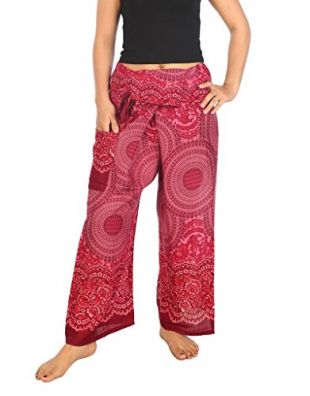 Women's and Men's Traditional Thai Fisherman Yoga Pants Wide Leg Trousers (L, Burgundy Red)