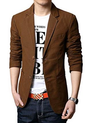 chouyatou Men's Slim 2-Button Single Breasted Cotton Lightweight Blazer Jacket Sport Coat (Large, Brown)