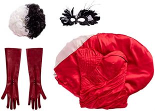 Women Cruella Devil Cosplay Costume Red Long Dress with Gloves Mask Wig for Halloween Outfits (7 Years, Kids)