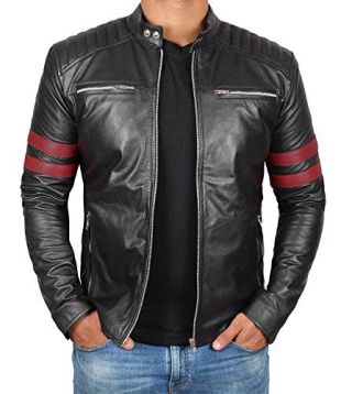 Black Leather Motorcycle Jacket Men with Red Stripes | [1101476] Red Strip 2 Side Zip - 2XL