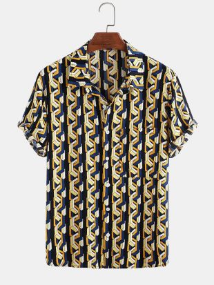 Chemise à manches courtes décontractée à imprimé géométrique 3D en coton pour hommes - Jaune