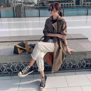 Long Double-Breasted Plaid Trench Coat