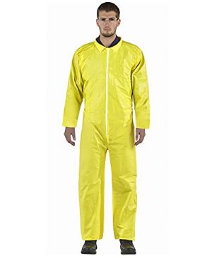 AMZ Disposable Hazmat Suit. Yellow X-Large 82 GSM Polyethylene Polypropylene Paint Coverall. Full Body Lightweight Jumpsuit with Open Cut Wrists and Ankles, Long Sleeves. Breathable construction.