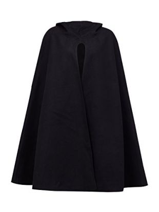 Clothink Women Black Wool Hooded Split Front Poncho Cape