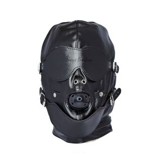 Masque BDSM de luxe avec bâillon de balle, masque Gimp en cuir végétalien avec bondage de privation sensorielle réglable yeux bandés Capuche d’esclave